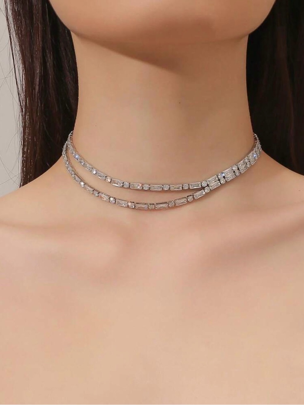 Silver Crystal Double Row Choker Necklace